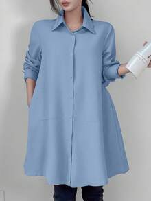 SHEIN LUNE 女式纯色长袖单排扣长款休闲衬衫 - 藍色 - 查看 7