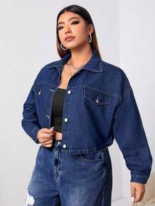 Firerie Plus Size Casual Cropped Denim Jacket, Autumn - Dark Wash - View 4
