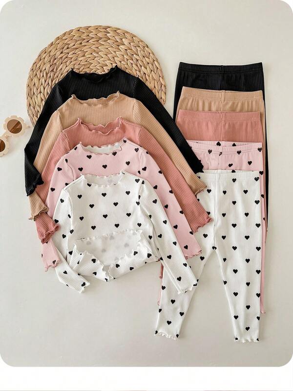 SHEIN 10 piezas Conjunto de camiseta de manga larga con estampado de lunares para niña, lindo y versátil, otoño/invierno