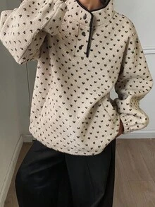 Livesso Women's Autumn Sherpa Allover Print Button Half Placket Casual Loose Sweatshirt