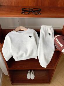 SHEIN 2 件套男婴/女婴可爱休闲运动灰色字母印花长袖连帽衫和裤子运动服套装，秋冬 - 淺灰色 - 查看 3