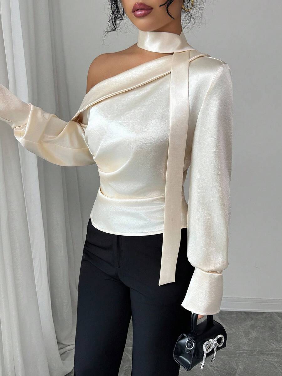 Modelyn 女士秋季梭织亮面长袖褶皱优雅衬衫，适合约会和外出 - 杏色 - 查看 1