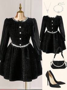SHEIN Clasi Christmas Plus Size Women Black Autumn Elegant Formal Evening Vintage French Chic Sequins Ribbon Bowknot Button Knee-Length Dress,Halloween Costume - Black - View 3