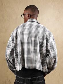 SUMWON Grey Plaid Cropped Flannel Shacket Button Up Workwear Style Oversized Winter Outerwear With Chest Pockets Modern Casual Layering Piece - Multicolor - View 2