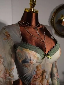 Amplova Y2K Retro Romance Plus Size Women Elegant Vintage Figure Print Bodysuit See Through Top See Through Shirt Vintage Clothes - Multicolor - View 6