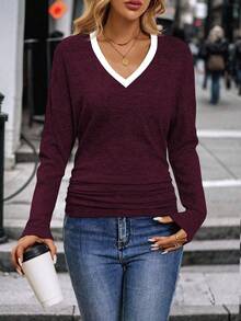 EMERY ROSE 女式 V 领长袖 T 恤，畅销撞色领子，褶皱侧边设计，秋冬 - 彩色 - 查看 6