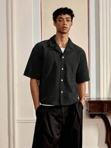 SWAVVY Men's Casual Loose Fit Short Sleeve Woven Shirt, Everyday Wear - Black - View 6