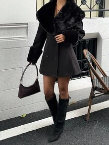 SHEIN Unity 女式高端黑色仿毛领拼接袖修身毛呢大衣，欧美时尚商务休闲 - 黑色 - 查看 2