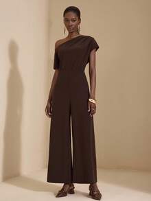 JIAN LASALA Women Asymmetric Coffee Brown One-Shoulder Short Sleeves Wide-Legs Solid Elegant Jumpsuit Autumn Casual Wear Party Outfits For Women Luxury Stylish Clothing Collection