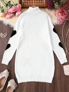 Tween Girl Heart Pattern High Neck Drop Shoulder Long Sleeve Casual Knit Dress,Black And White Cute Autumn Holiday Back-To-School Christmas Sweaters - Multicolor - View 4
