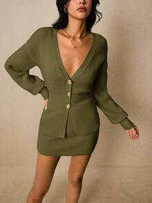 Poéselle Bộ 2 món áo khoác cardigan trơn màu thanh lịch đi làm cho nữ và chân váy dệt kim - xanh quân đội - Xem 6