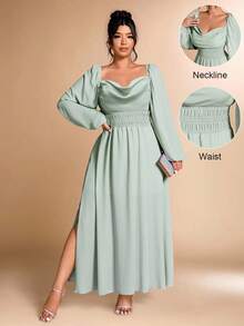 Cravure Christmas Plus Size Elegant Party Solid Color Draped Neck Side Slit Dress - Mint Green - View 1