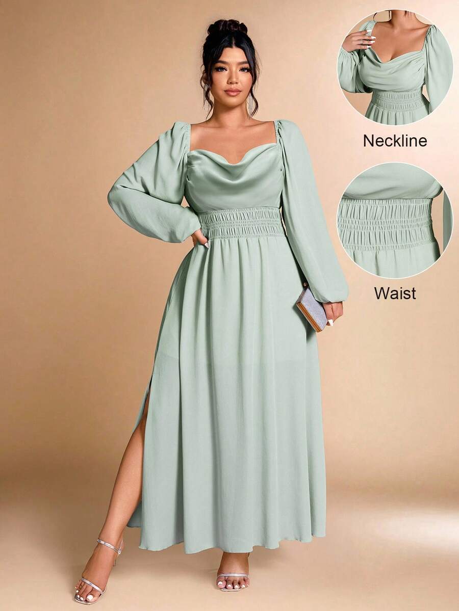 Cravure Christmas Plus Size Elegant Party Solid Color Draped Neck Side Slit Dress - Mint Green - View 1