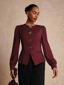 Vesra 女士优雅休闲/办公室不对称金属装饰纽扣长袖衬衫 - 酒紅色 - 查看 4