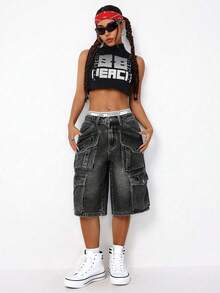 SHEIN ICON 女性休閒日常牛仔短褲，設有口袋設計 - 深灰色 - 查看 3