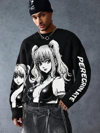 Anime Suéter holgado de estilo casual para hombre con estampado de letra de personaje de dibujos animados, cuello redondo, hombros caídos y manga larga, de estilo grunge, para otoño