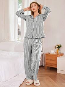 SHEIN 黑色条纹翻领上衣和裤子宽松休闲女式睡衣套装，秋冬服装 - 藏蓝色 - 查看 5