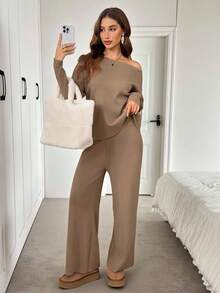 SHEIN LUNE 2 pièces Ensemble pull oversize à manches chauve-souris et pantalon large en tricot, tenue en tricot décontractée, élégante et vintage pour femmes en automne/hiver