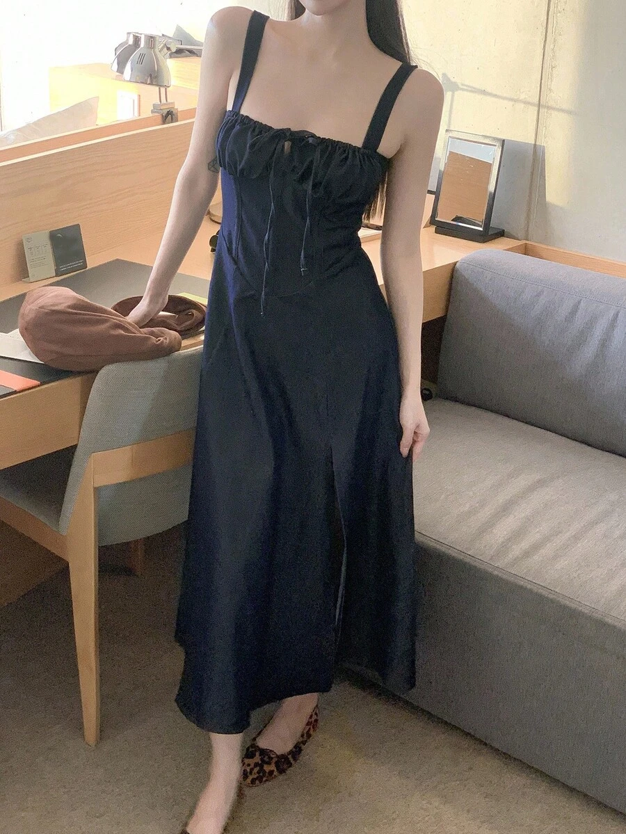 DAZY 女士系带无袖牛仔长裙，优雅女士夏季连衣裙