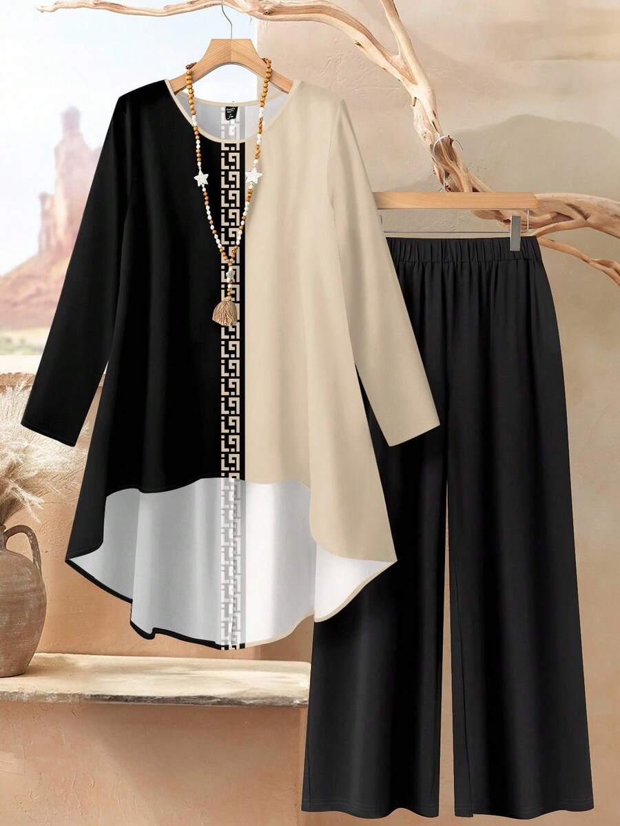 Rusticease 2 件套女士宽松圆领长袖上衣和裤子套装，夏季服装