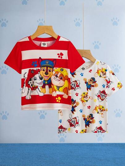 SHEIN | PAW Patrol 2 szt./zestaw chłopięcy T-shirt z krótkim rękawem i okrągłym dekoltem w kreskówkowym wzorze z psem, letni