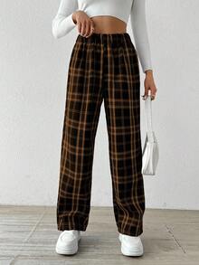 Chiquease 女式休闲条纹印花松紧腰保暖直筒裤，秋冬