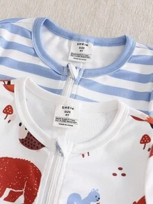 Young Boy Animal Print Striped Jumpsuit Snug Fit Pajamas - Multicolor - View 5