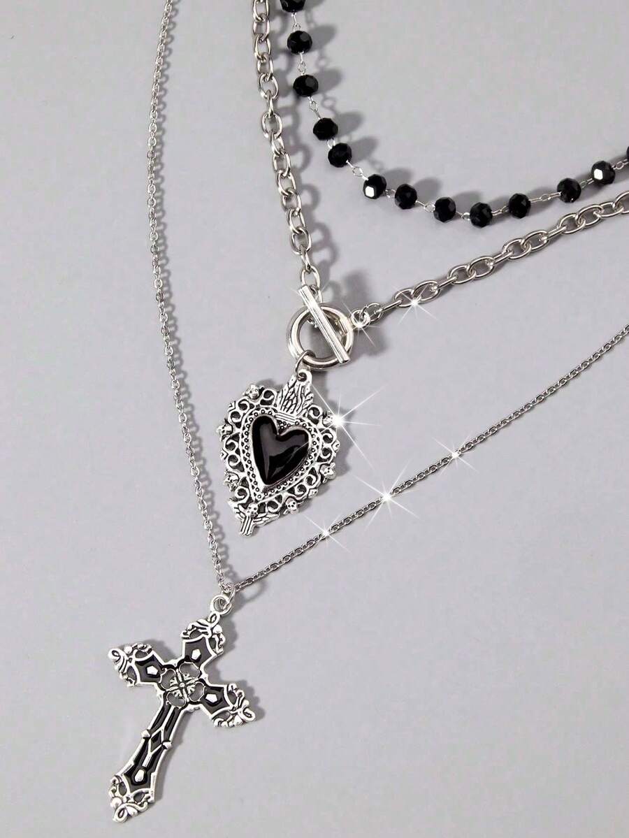 ROMWE Bộ 3 dây chuyền phong cách Gothic màu đen đính hạt, hình trái tim đỏ và chữ thập đỏ, quà tặng Halloween. - màu đen - Xem 1
