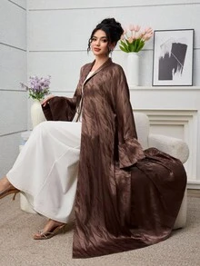 Yasmyna Elegant Tie-Front Long Sleeve Jacquard Satin Abaya Robe For Women