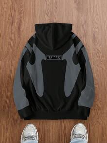 BATMAN X SHEIN 男士休闲蝙蝠印花撞色连帽衫，秋季 - 白色 - 查看 2
