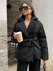 SHEIN BAE Women's Solid Color Criss-Cross Wrap Warm Padded Coat, Winter Fashion Winter Coats For Women Women Outerwear,Fall/Winter Style Casual Jacket Perfect For Keeping Warm While Out And About During Fall And Winter,Women's Halloween Costume