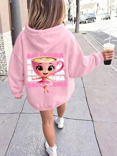SHEIN Playful Pals Young Girls Casual Fashionable Cute Funny Cappuccino Ballerina Dancer Print Reversible Sweatshirt, Pink, Suitable For Daily, Outdoor, Sports And School, Autumn/Winter