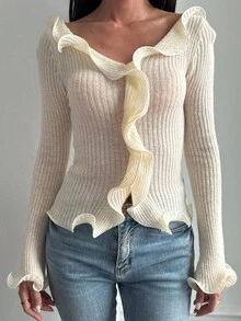 Livesso Áo len dệt kim bo gấu gợi cảm, thoải mái cho nữ, mùa thu/đông - Màu be - Xem 3