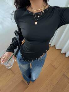 Siren Gaze Women's Asymmetric Hem Long Sleeve Black Fitted Studded T-Shirt,Chic Autumn Basic Top,Night Out Y2k Rivet Design Fitted Top - Black - View 6