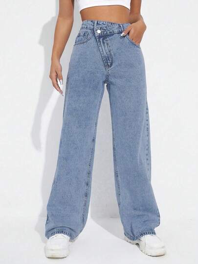 SHEIN ICON 大码女式不对称腰身个性化时尚牛仔裤，夏季