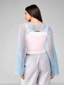MISSGUIDED Fishnet Mesh Knit Bell Sleeve Shrug Bolero Layering Crop Top Ultra Cropped Y2K Fashion Sweater Fall Winter Outerwear Streetwear - Blue - View 2