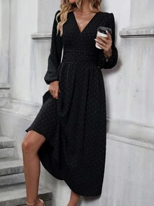 SHEIN Clasi Swiss Dot Surplice Neck Lantern Sleeve Ruched Waist Dress Maxi Women Outfit - Black - View 5