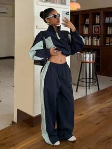 SHEIN EZwear 2件套女士撞色拼布夹克和裤子套装 - 彩色 - 查看 1