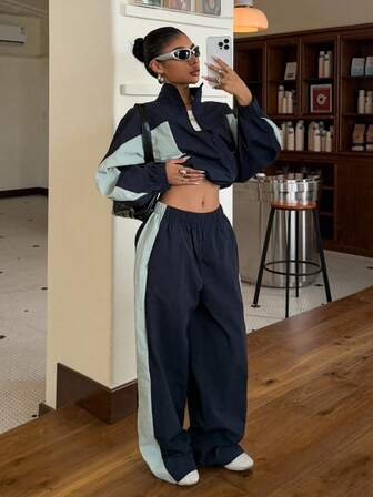 Muchica Two-Piece Women's Woven Navy Blue And Light Green Jacket And Pants Sports Suit Women's Sports Loose Clothing 2-Piece Casual Zip Up Hoodie Suit,Cozy Fall And Winter Clothes For Women