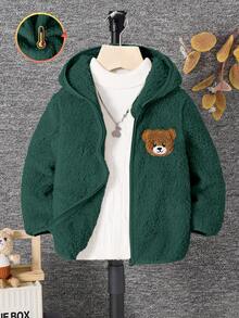 SHEIN 男童休闲时尚小熊刺绣连帽羊毛夹克 - 墨綠色 - 查看 3