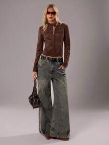 TRNVIE 1pc Women's Thin Jacket, Brown Suede Fleece Stand Collar Slim Fit Pockets Zipper Closure Long Sleeve Casual Versatile, Autumn/Winter