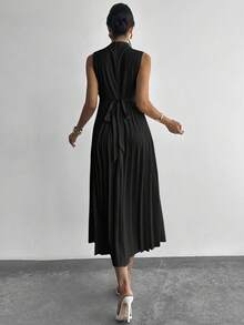 Firerie 女士优雅荷叶边无袖摆领 A 字裙/伞裙/返校/校服/派对/复古风女装/外出装/女士派对装/女士办公室装/仿杏色裙 - 黑色 - 查看 7