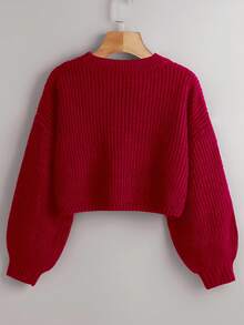 SHEIN LUNE 女士休闲日常通勤简约纯色落肩宽松短款套头衫，秋冬 - 紅色 - 查看 2