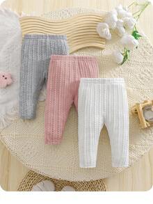 SHEIN Bộ 3 quần dài lưng thun dệt kim cho bé trai/bé gái sơ sinh, đa năng cho mùa xuân, hè, thu và đông - Nhiều màu - Xem 1