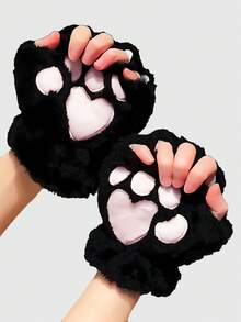 ROMWE Kawaii 1 Pair Plush Cat Paw Fingerless Gloves, Suitable For Daily Wear - Black - View 2