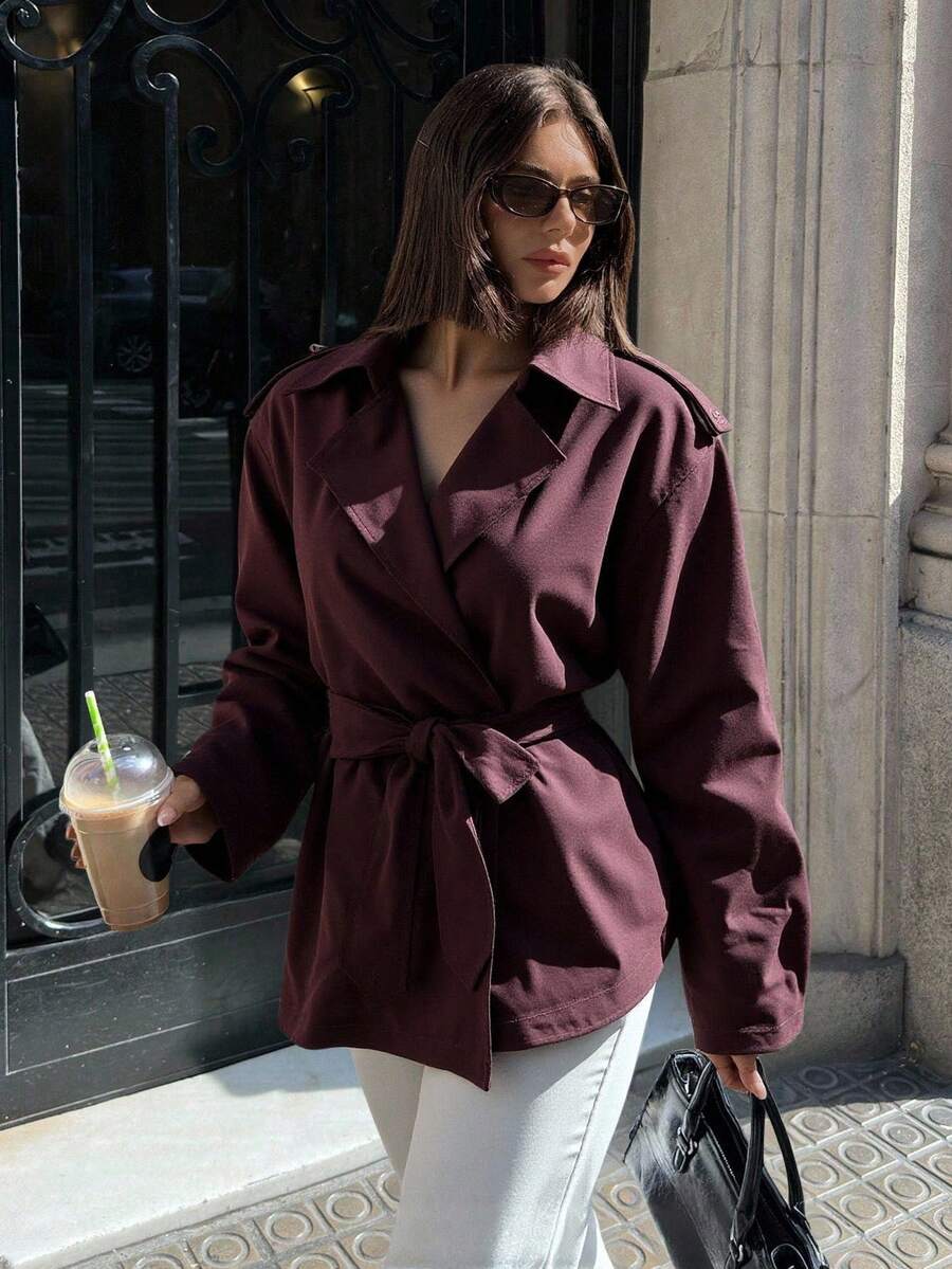 Aloruh 酒红色女士休闲宽松中长款风衣，秋冬季款，红色风衣，宽肩长袖风衣，复古风格，基础纯色风衣，优雅休闲，适合新年、圣诞节、秋季等各种场合。 - 中紫紅色 - 查看 1