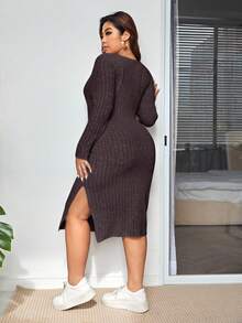 SHEIN Essnce Plus Size Women's Solid Color Square Neck Ribbed Split Dress/Fall/Winter - Brown - View 2