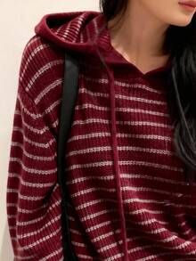 INAWLY 女式休闲条纹落肩长袖抽绳连帽毛衣，秋冬 - 紅色 - 查看 4