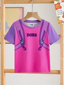DORA | SHEIN Young Girl Cartoon Graphic Round Neck Loose Casual Short Sleeve Knit T-Shirt - Pink - View 2