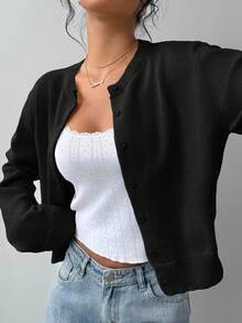 SHEIN Tall CURVE 大码休闲纯色圆领长袖宽松短款女式毛衣开衫秋冬女装 - 黑色 - 查看 5